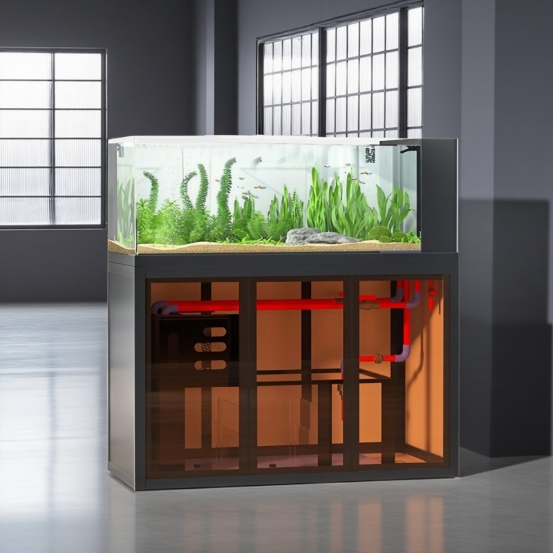 Aquarium Fish Low Maintenance - Industrial-style aquascape fish tank, side-overflow filtration